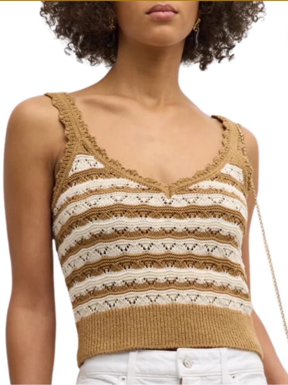 Veronica Beard Tan & Cream Striped Knit V-Neck Tank